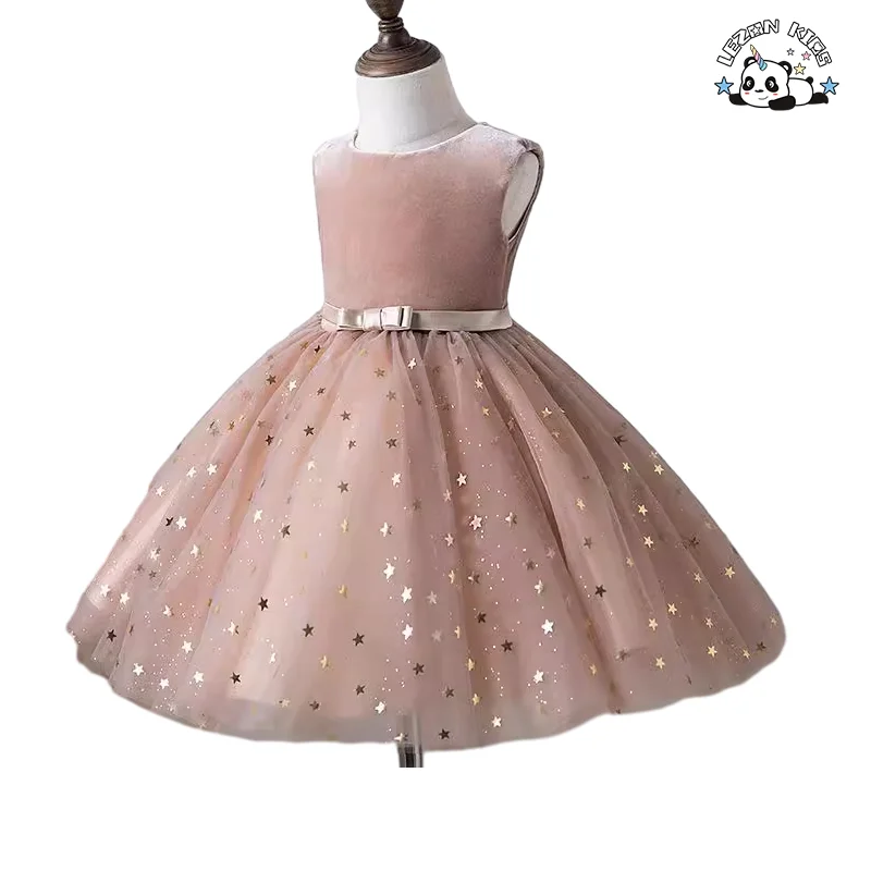 LEZONKIDS - Vestido de Menina Tulle com Impressão de Folha de Prata para o Verão, sem Mangas, para Festa